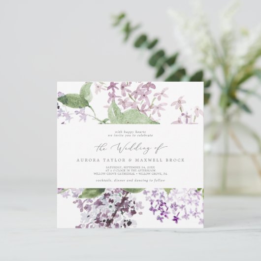 Rustic Lilac Square Wedding Einladung (Stehend Vorderseite)