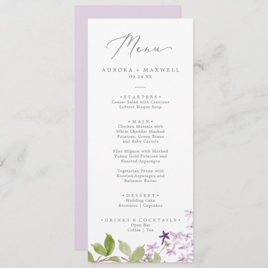 Rustic Lilac Wedding Dinner Menu Menükarte (Vorne/Hinten)