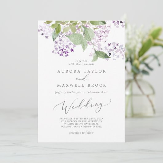 Rustic Lilac Wedding Einladung (Stehend Vorderseite)