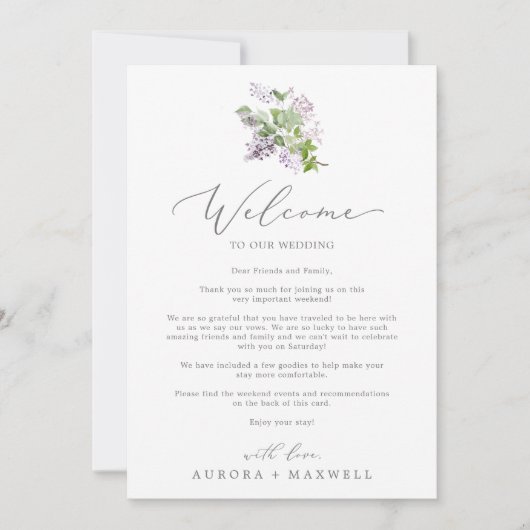 Rustic Lilac Wedding Welcome Letter & Itinerary (Vorderseite)