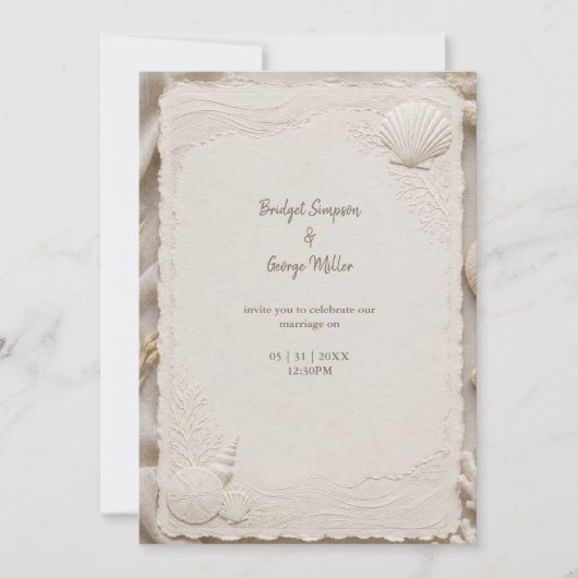 Rustic Linen Coastal Wedding Seashells Einladung (Vorderseite)