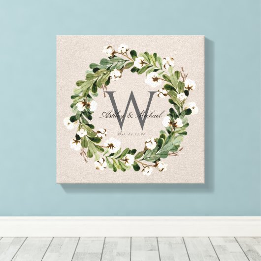 Rustic Linen Wreath Monogram Wedding Keepske Leinwanddruck (Insitu (Holzboden))