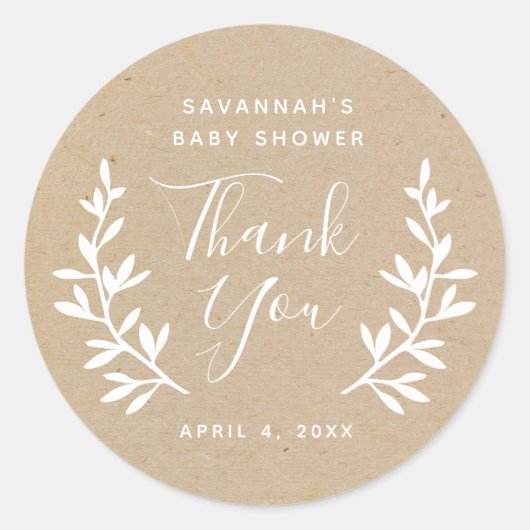Rustic Lorrel Kraft Baby Dusche Danke Runder Aufkleber (Vorderseite)