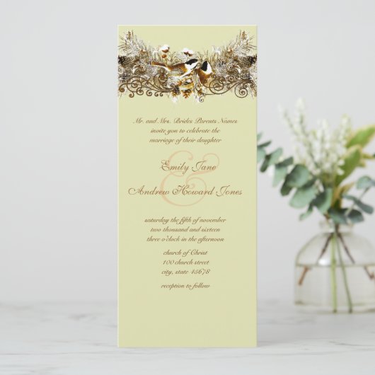 Rustic Love Bird Chickadees Wedding Einladung (Stehend Vorderseite)