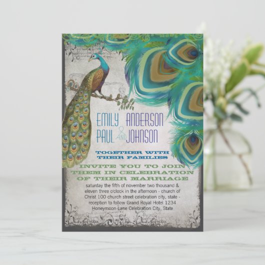 Rustic Luxe Peacock Vintag Feathers Einladung (Stehend Vorderseite)