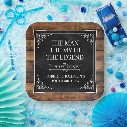 Rustic Man Myth Legend 100th Birthday Black Pappteller (Party)