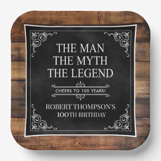 Rustic Man Myth Legend 100th Birthday Black Pappteller (Vorderseite)