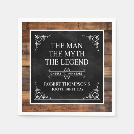 Rustic Man Myth Legend 100th Birthday Black Serviette (Vorderseite)
