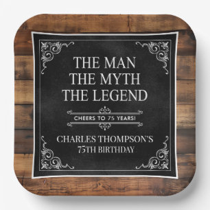 Rustic Man Myth Legend 75. Geburtstag Schwarz Pappteller
