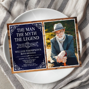 Rustic Man Myth Legend Blue 80. Geburtstags-Foto Einladung