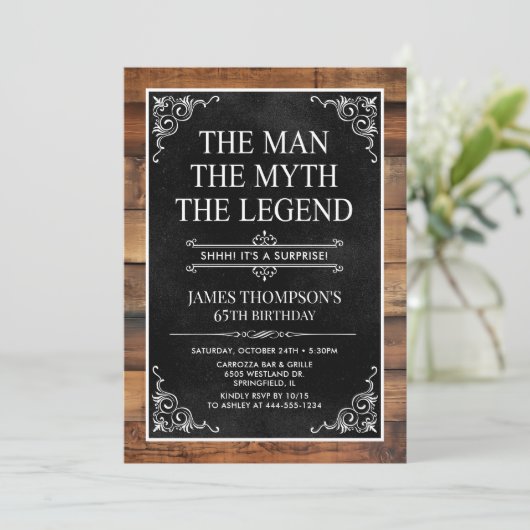 Rustic Man Myth Legend Überraschung Foto 65 Geburt Einladung (Stehend Vorderseite)