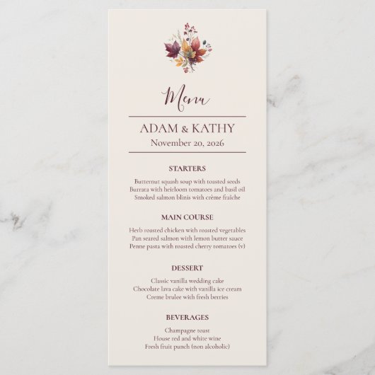 Rustic Maple Leaf Fall Wedding Menu Card Menükarte (Vorderseite)