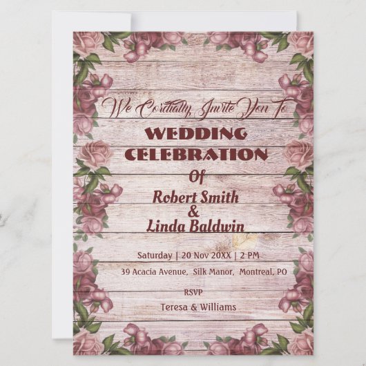 Rustic Maroon Floral Woody Einladung zur Hochzeit (Vorderseite)