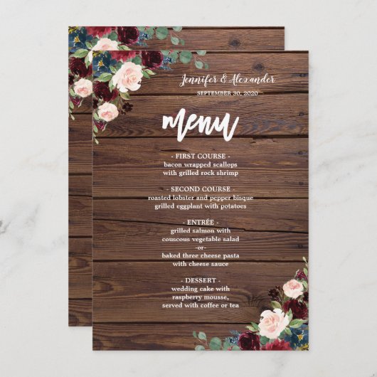 Rustic Marsala Burgund Blumenmenü Menükarte (Vorne/Hinten)