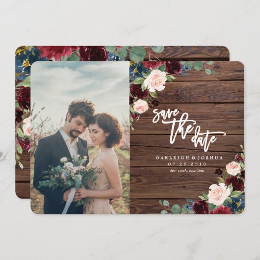 Rustic Marsala Burgundy Floral Save the Date (Vorne/Hinten)
