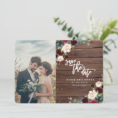 Rustic Marsala Burgundy Floral Save the Date (Stehend Vorderseite)