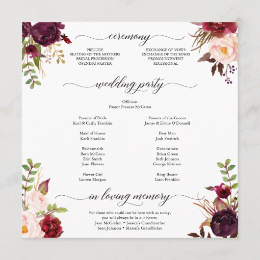 Rustic Marsala Burgundy Wedding Program Programm (Rückseite)