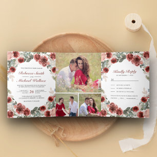 Rustic Marsala Floral Bloom Foto Collage Hochzeit Dreifach Gefaltete Einladung