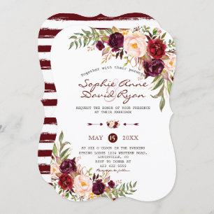 Rustic Marsala floral Burgundy Stripes Wedding Einladung