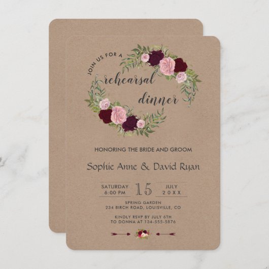 Rustic Marsala Floral Craft Papier Probe Abendesse Einladung (Vorne/Hinten)