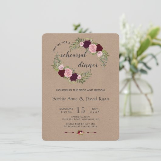 Rustic Marsala Floral Craft Papier Probe Abendesse Einladung (Stehend Vorderseite)