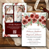Rustic Marsala Floral Foto QR Code Hochzeit Einladung