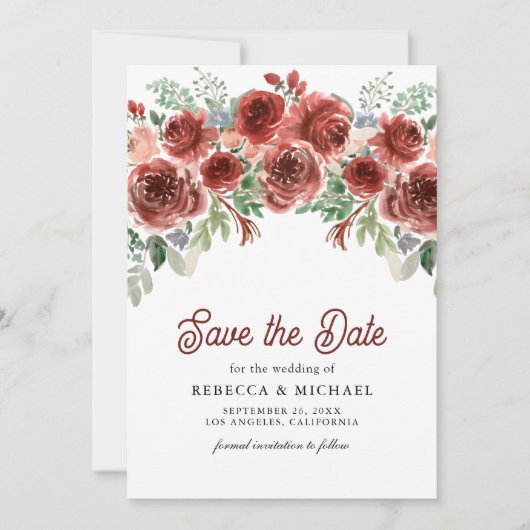 Rustic Marsala Floral Foto Wedding Save The Date (Vorderseite)