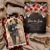 Rustic Marsala Floral Foto Wood Wedding Save The Date