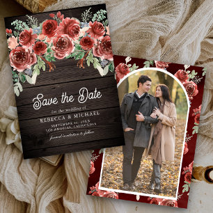 Rustic Marsala Floral Foto Wood Wedding Save The Date