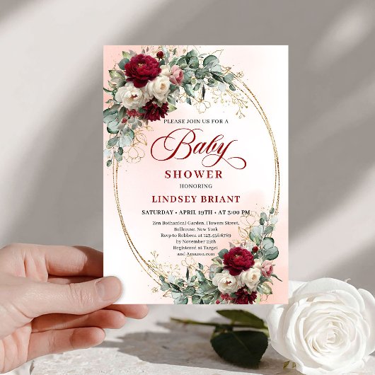 Rustic Marsala Floral Gold Baby Shower Invitation Einladung