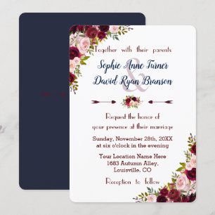 Rustic Marsala Floral Navy Blue Wedite Einladung