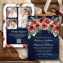 Rustic Marsala Floral Photo QR Code Navy Wedding