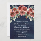 Rustic Marsala Floral Photo QR Code Navy Wedding Einladung (Vorderseite)