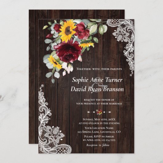 Rustic Marsala Floral Sunflowers Einladung (Vorne/Hinten)