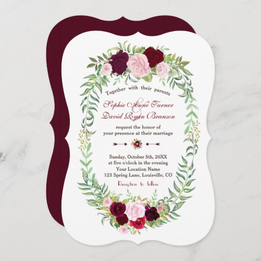 Rustic Marsala Floral Wreath Burgundy Wedding Einladung (Vorne/Hinten)