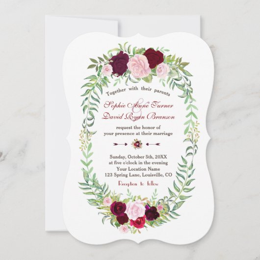 Rustic Marsala Floral Wreath Burgundy Wedding Einladung (Vorderseite)
