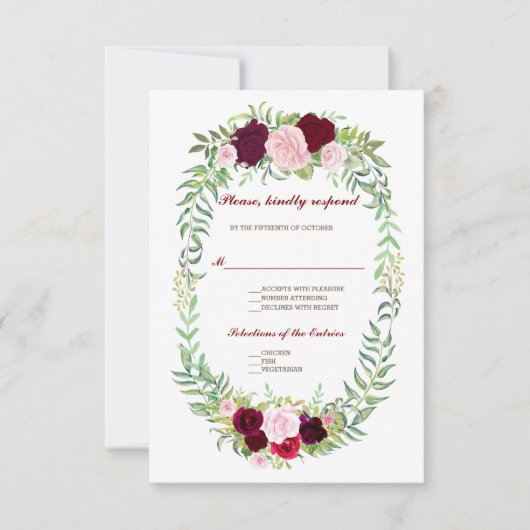 Rustic Marsala Floral Wreath Burgundy Wedding RSVP Karte (Vorderseite)