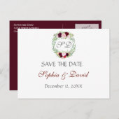 Rustic Marsala Floral Wreath SAVE THE DATE Ankündigungspostkarte (Vorne/Hinten)