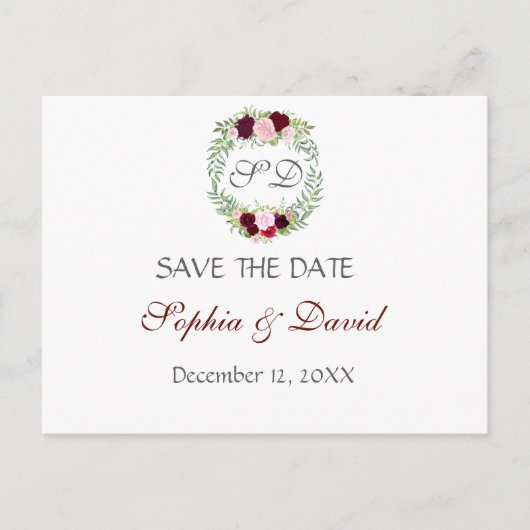 Rustic Marsala Floral Wreath SAVE THE DATE Ankündigungspostkarte (Vorderseite)