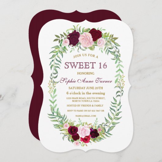 Rustic Marsala Floral Wreath Sweet 16 Einladung (Vorne/Hinten)