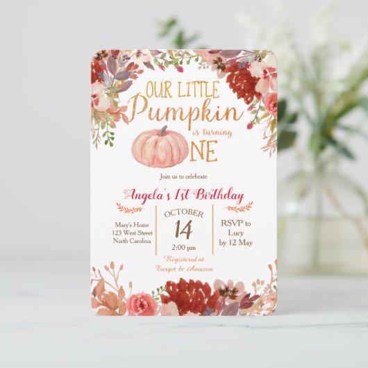 Rustic Marsala Pumpkin Erster Geburtstag Einladung (Stehend Vorderseite)