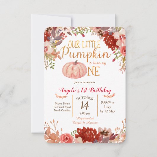 Rustic Marsala Pumpkin Erster Geburtstag Einladung (Vorderseite)