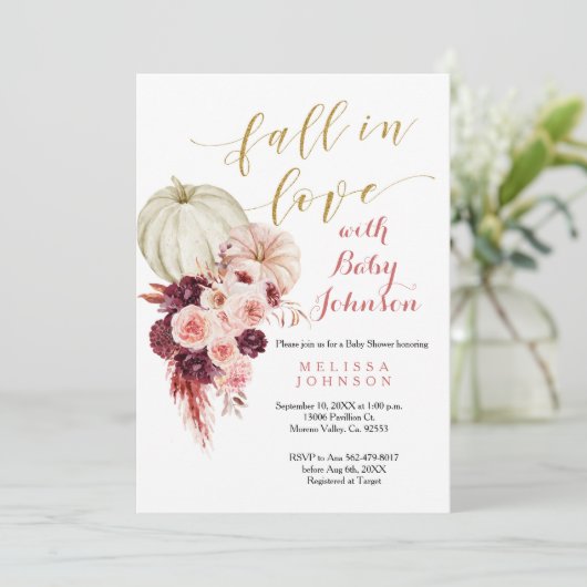 Rustic Marsala Pumpkin Fall in Liebe Baby Dusche Einladung (Stehend Vorderseite)