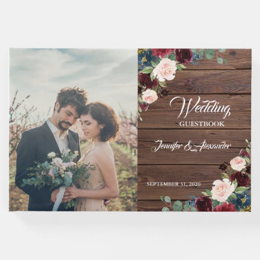 Rustic Marsala Wood Floral Wedding Gästebuch (Vorderseite)