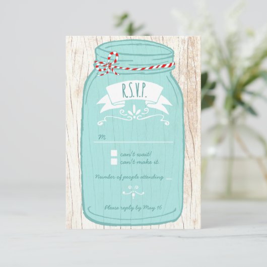 Rustic Mason Jar auf Illustrierte Hochzeit der Bar RSVP Karte (Stehend Vorderseite)