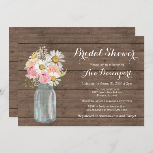 Rustic Mason Jar & Blume Baby oder Brautparty Einladung (Vorne/Hinten)