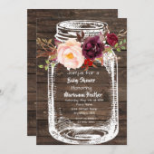 Rustic Mason Jar Boho Floral Marsala Babydusche I Einladung (Vorne/Hinten)