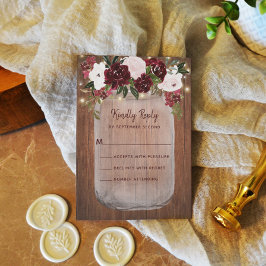 Rustic Mason Jar Burgundy Blush Bloral Wedding RSVP Karte