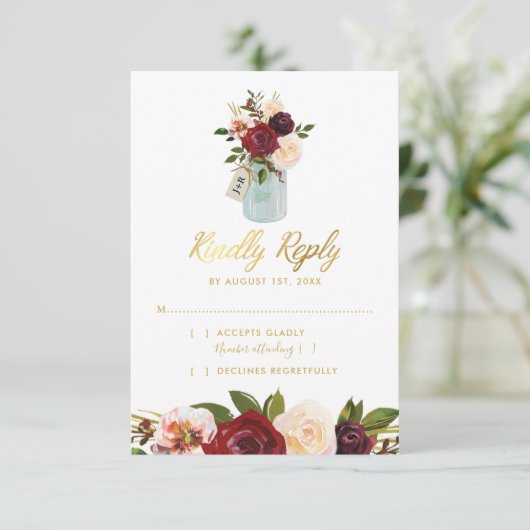 Rustic Mason Jar Burgundy Navy Gold Wedding RSVP (Stehend Vorderseite)