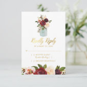 Rustic Mason Jar Burgundy Navy Gold Wedding RSVP Karte (Stehend Vorderseite)